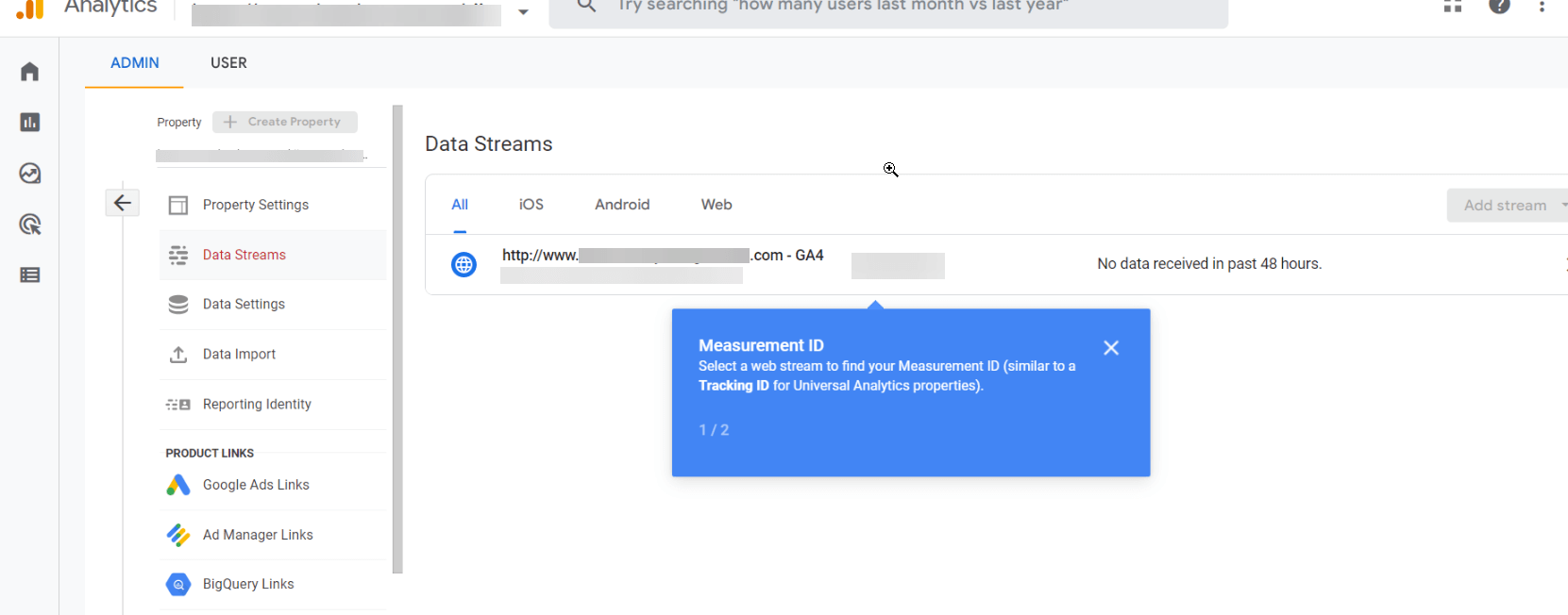 Click the data stream for your website domain Click the data stream for your website domain